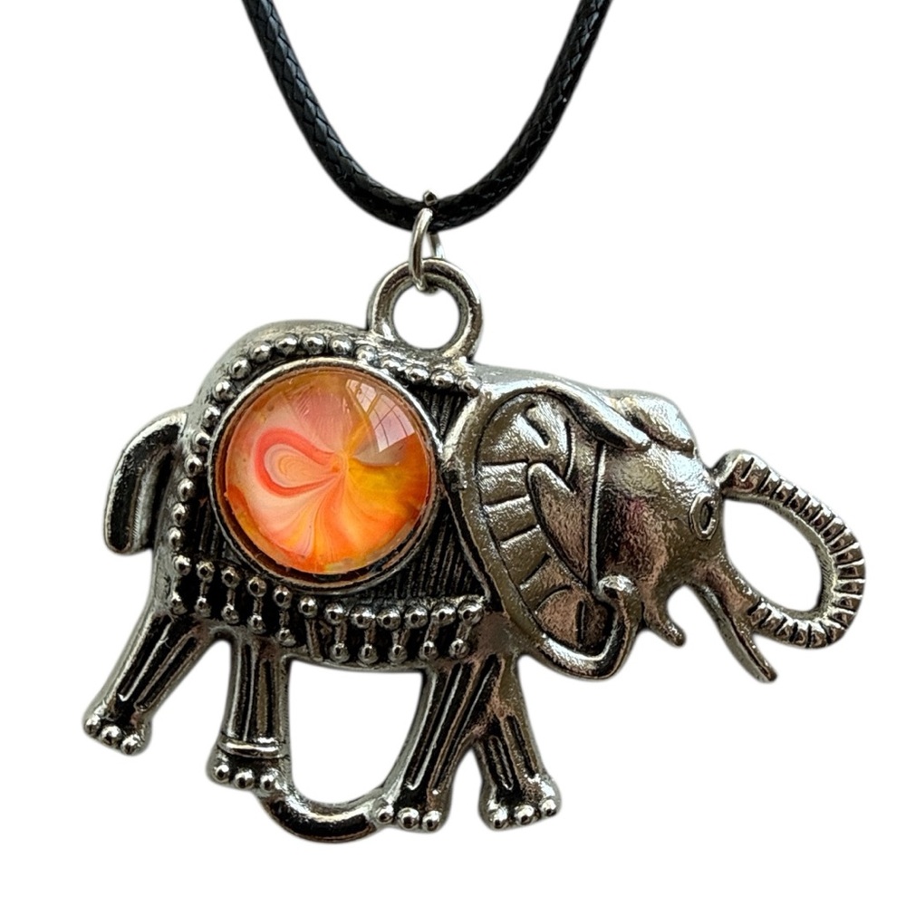 Handmade Orange and Peach Fluid Art Elephant Pendant Necklace